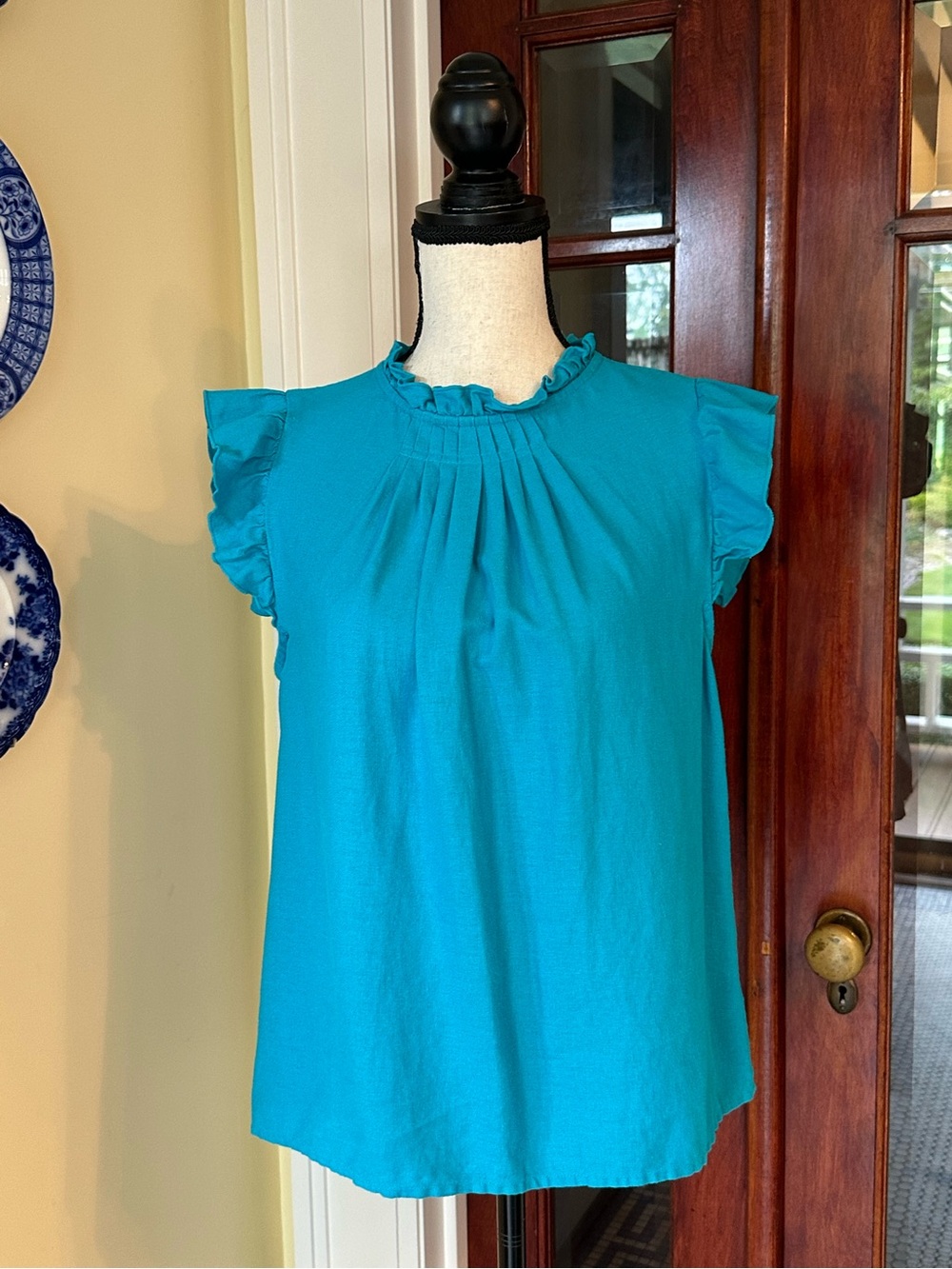 Marc New York | Linen Blend Ruffle High Neck Flutter Sleeve Blouse in Teal, M